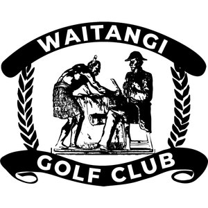 Waitangi Golf Club logo: A black-and-white crest showing a Maori chief and a European officer seated at a table signing a document, flanked by two laurel branches, beneath an arched black banner reading WAITANGI and above a black ribbon banner reading GOLF CLUB.