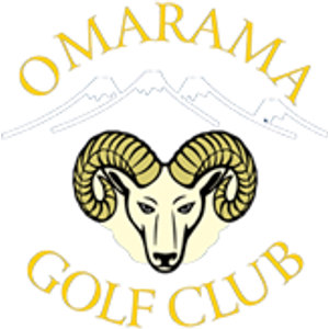 Omarama Golf Club logo: A cream ram's head with large curled gold horns in front of a pale grey outlined mountain range, encircled by gold arched text reading OMARAMA above and GOLF CLUB below.