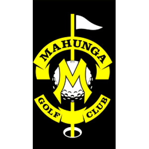 Mahunga Golf Club logo: A yellow letter M over a white golf ball on a black background, with a white pennant on a yellow flagstick above and curved yellow banners reading MAHUNGA above and GOLF CLUB below.
