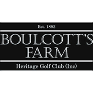 Boulcott's Farm Heritage Golf Club logo: White serif capitals reading BOULCOTT'S FARM above Heritage Golf Club (Inc), with Est. 1892 at the top, on a black rectangle framed by thin white rules.