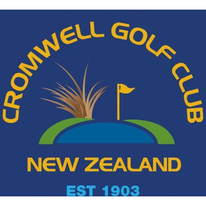 Cromwell Golf Club logo: A navy square badge with gold arched text reading CROMWELL GOLF CLUB around a tan tussock clump and a gold flag on a green mound beside a blue pond, above NEW ZEALAND in gold and EST 1903 in light blue.