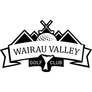 Wairau Valley Golf Club logo: A black-and-white crest of two mountain peaks with a white golf ball behind crossed golf clubs, above a banner reading WAIRAU VALLEY, with a horned ox head between the words GOLF and CLUB below.