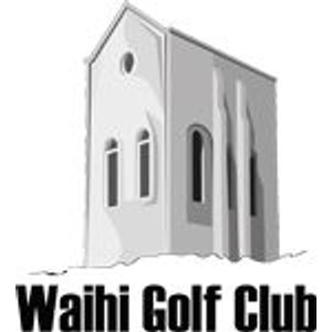 Waihi Golf Club logo: A grey and white illustration of the stone Cornish Pumphouse with tall arched windows and a pitched roof, above the black wordmark Waihi Golf Club.