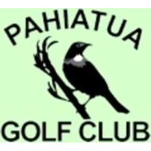 Pahiatua Golf Club logo: A black tui with a white throat tuft perched on a branch, beneath arched black text reading PAHIATUA and above black text reading GOLF CLUB, on a pale green background.