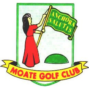 Moate Golf Club logo: A white shield outlined in green showing a dark-haired woman in a long red dress raising a green flag lettered ANCHORA SALUTIS in yellow on a gold pole above a green mound, with a yellow ribbon banner beneath reading MOATE GOLF CLUB in red capitals.
