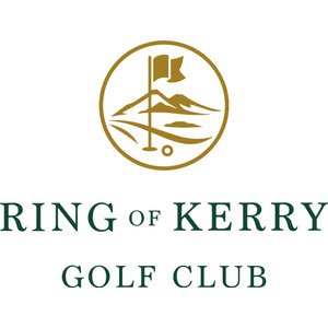 Ring Of Kerry Golf Club logo: A gold circular badge enclosing a golf flag on a tall flagstick planted among layered mountain peaks and sweeping dune lines with a small open circle below, above RING OF KERRY and GOLF CLUB in dark green serif capitals.