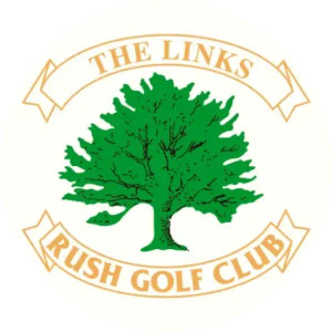 Rush Golf Club logo: A green broad-canopy tree with dark branch detail between two cream ribbon banners outlined in orange, the upper arch reading THE LINKS and the lower arch reading RUSH GOLF CLUB in orange capitals.