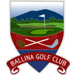 Ballina Golf Club logo: A shield with a white-to-blue sky over a navy mountain and dark green treeline, a green fairway with a brown bunker and a white flag on a flagstick, above a dark red field bearing a brown-headed wood crossed with a pale blue iron on white shafts, over a dark red banner reading BALLINA GOLF CLUB in white capitals.