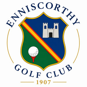 Enniscorthy Golf Club logo: A gold-edged shield with a green field bearing a white golf ball on a red tee, a diagonal red-and-gold band, and a grey two-towered castle on a navy field, ringed by a broken gold circle with ENNISCORTHY above and GOLF CLUB below in navy serif capitals and the year 1907 in gold beneath.