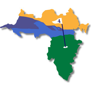 Achill Island Golf Club logo: A silhouette map of Achill Island split into horizontal orange, purple, blue and green bands, with a white golf flag numbered 4 on a dark navy flagstick planted in the green southern section.