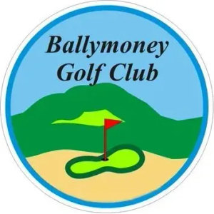 Ballymoney Golf Club logo: A blue circular badge showing rolling green hills above a tan sandy foreground with a small putting green and a red flag on a flagstick, with Ballymoney Golf Club in black italic serif on two lines across the sky.