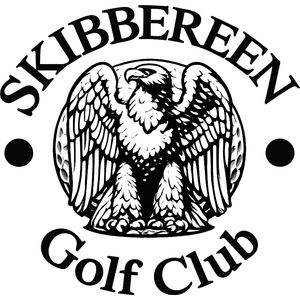 Skibbereen & West Carbery Golf Club logo: A black-and-white circular crest with an eagle displayed, wings spread and head turned left, beneath the arched word SKIBBEREEN flanked by two black dots, above the words Golf Club in black script.