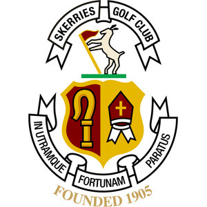 Skerries Golf Club logo: A cream goat with horns rearing on a green bar and holding a gold pole flying a dark red pennant, above a shield halved maroon and gold bearing a gold bishop's crozier on the left and a maroon mitre with a gold cross and white ribbons on the right, framed by white scrolls reading SKERRIES GOLF CLUB, IN UTRAMQUE, FORTUNAM and PARATUS, with FOUNDED 1905 in gold below.