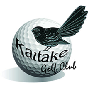 Kaitake Golf Club logo: A black-and-white dimpled golf ball with a black fantail bird perched on top, its tail feathers fanned open, and the word Kaitake in black script across the ball with Golf Club in smaller script below.