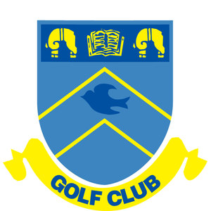 Masterton Golf Club logo: A blue shield with a navy chief bearing two gold elephants flanking an open gold book, a dark navy bird flying left between two gold chevrons on the lower blue field, and a yellow ribbon banner beneath reading GOLF CLUB in blue capitals.