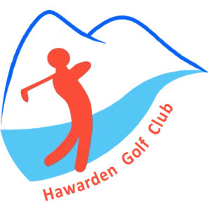 Hawarden Golf Club logo: A blue outlined mountain range above a light blue wave, with an orange-red silhouette golfer mid-swing in front, and Hawarden Golf Club in orange-red script running diagonally along the wave.