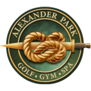 Alexander Park Resort logo: A dark green circular badge ringed in gold with a gold rope tied in a knot around a gold golf club shaft running left to right, 'ALEXANDER PARK' arched in gold capitals above and 'GOLF - GYM - SPA' arched below.