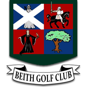 Beith Golf Club logo: A green-edged shield quartered into a white saltire on blue with a white-robed hooded figure, a knight in a white tunic raising a sword on a black horse on red, a black-robed figure holding a brown bird on the hand on red, and a green-leaved tree with a brown trunk on blue, above a white ribbon banner reading 'BEITH GOLF CLUB' in black capitals.