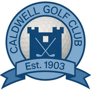 Caldwell Golf Club logo: A circular blue badge with 'CALDWELL GOLF CLUB' arched in navy capitals on a pale blue ring, a navy battlemented castle tower with crossed silver golf clubs in front of a white golf ball, above a blue ribbon banner reading 'Est. 1903'.