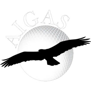 Aigas Golf Club logo: A black silhouette of a broad-winged bird of prey soaring to the left with fingered wingtips, across a pale grey golf ball, with 'AIGAS' arched above in thin pale grey outlined capitals.