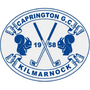 Caprington Golf Club logo: A blue-outlined oval badge on a pale grey field with 'CAPRINGTON G.C.' arched in blue capitals across a ribbon at the top, two blue squirrels facing each other beside crossed golf clubs above the split year '19 58', and 'KILMARNOCK' arched at the bottom.