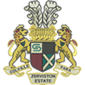 Colville Park Golf Club logo: Two gold lions rampant supporting a shield quartered cream with a teal letter S, dark charcoal, dark red, and teal with a white saltire, beneath a gold coronet and two white ostrich plumes, above gold-edged scrolls reading 'COLVILLE' and 'PARK' and a banner reading 'JERVISTON ESTATE'.