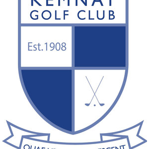 Beechbank 6-hole course logo: A navy and white shield crest with 'KEMNAY GOLF CLUB' in white capitals across the navy top band, quartered with 'Est.1908' in navy on white and crossed silver golf clubs with a ball on white, above a navy-outlined ribbon banner.