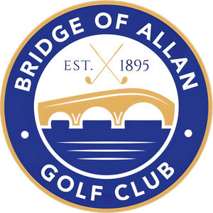 Bridge of Allan Golf Club logo: A navy circular badge ringed in gold with 'BRIDGE OF ALLAN' arched in white capitals above and 'GOLF CLUB' below, crossed gold golf clubs flanked by 'EST.' and '1895' in navy, over a gold three-arched stone bridge above navy water with white waves.