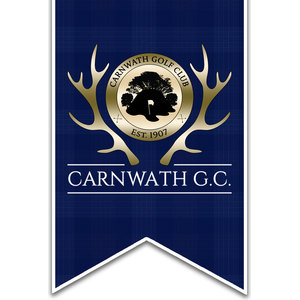 Carnwath Golf Club logo: A navy tartan pennant with a swallow-tailed base carrying a gold-rimmed circular badge showing a black silhouette of a tree-covered mound with a white flagstick on the green, 'CARNWATH GOLF CLUB' arched above and 'EST. 1907' below, flanked by two large gold antlers, with 'CARNWATH G.C.' in white capitals underneath.