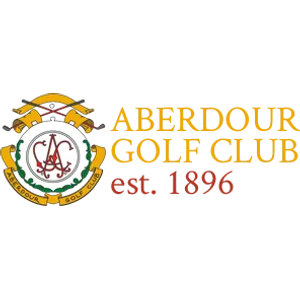 Aberdour Golf Club logo: A gold circular crest with crossed golf clubs above it and a red interlaced AGC monogram at its white centre, framed by green laurel leaves and gold ribbon banners, beside ABERDOUR GOLF CLUB in gold serif capitals over est. 1896 in dark red.