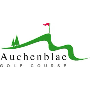 Auchenblae Golf Club logo: A green hill shape with a red golf flag on its peak and two pine trees at its base, above the black serif wordmark Auchenblae and GOLF COURSE in small gray capitals.