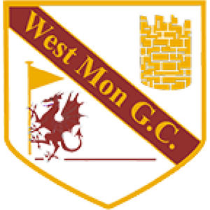 West Monmouthshire Golf Club logo: A white shield outlined in gold crossed by a maroon diagonal band lettered West Mon G.C. in gold, with a gold castle tower at the upper right, a gold pennant flag on a pole at the left and a maroon Welsh dragon rearing beneath it.