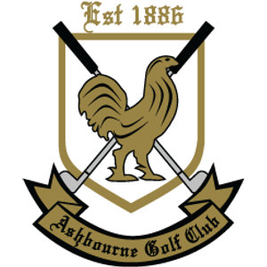 Ashbourne Golf Club logo: A tan-gold cockerel standing in front of a white shield outlined in gold with two crossed golf clubs behind it, Est 1886 in gold blackletter above and a gold ribbon banner below lettered Ashbourne Golf Club in dark blackletter.