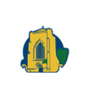 Abbeydale Golf Club logo: A gold gothic abbey tower with a tall arched traceried window, set against a navy rounded backdrop with a green tree at its right.