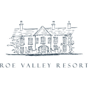 Golf at Roe Valley logo: A navy pen-and-ink line drawing of a two-storey country house with three chimneys and a central gabled porch, flanked by climbing shrubs and potted plants, above ROE VALLEY RESORT in widely spaced navy serif capitals.