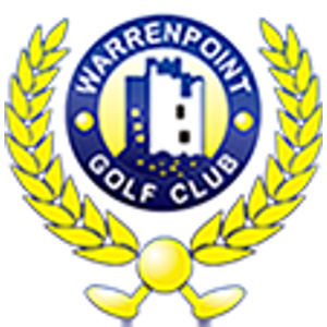 Warrenpoint Golf Club logo: A yellow laurel wreath encircling a navy blue ring lettered WARRENPOINT above and GOLF CLUB below in white capitals, around a pale yellow disc holding a white battlemented castle keep, with a yellow golf ball and two golf clubs below the wreath.