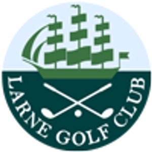 Larne Golf Club logo: A dark green three-masted sailing ship with square block sails on a pale blue disc, above a dark green half-round band lettered LARNE GOLF CLUB in white capitals, with two white crossed golf clubs and a white golf ball in the centre.