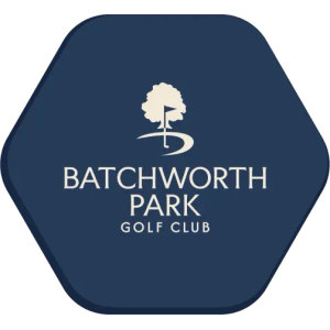 Batchworth Park Golf Club logo: A cream oak tree with a golf flagstick standing in front of it above a cream curved swoosh, over BATCHWORTH PARK GOLF CLUB in cream capitals, all inside a rounded navy blue hexagon.