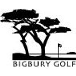 Bigbury Golf Club logo: A black silhouette of two wind-flattened trees with layered flat canopies on a strip of ground, with a small golf flag on a green to the right, above BIGBURY GOLF in black capitals.