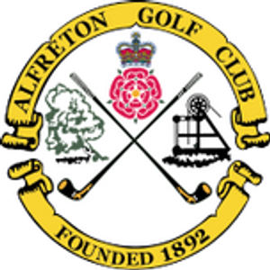 Alfreton Golf Club logo: A yellow ribbon band lettered ALFRETON GOLF CLUB above and FOUNDED 1892 below in black, encircling two crossed golf clubs with black heads, a green outlined oak tree at the left, a black colliery winding gear with its wheel at the right, and a pink-red Tudor rose with a gold centre beneath a red and gold crown at the top.