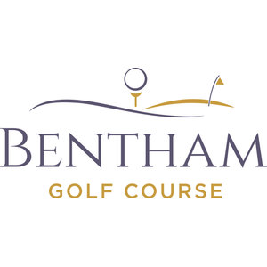 Bentham Golf Club logo: A slate-purple outlined golf ball on a gold tee resting on a slate-purple curved fairway line, with a gold green mound and a gold triangular flag on a flagstick to the right, above BENTHAM in slate-purple serif capitals and GOLF COURSE in gold letterspaced capitals.