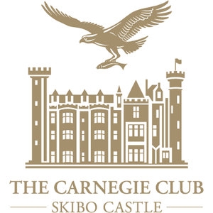 Carnegie Links logo: A tan-gold eagle gliding to the left with wings outstretched, above a tan-gold line drawing of a turreted baronial castle flying a small flag, over THE CARNEGIE CLUB and SKIBO CASTLE in tan-gold serif capitals.