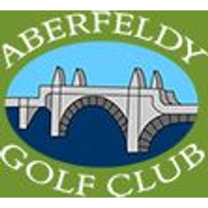 Aberfeldy Golf Club logo: A grey multi-arched stone bridge with tall pale piers spanning dark navy water beneath a pale blue sky, inside a white-edged oval on a green square, with ABERFELDY arched above and GOLF CLUB arched below in white capitals.