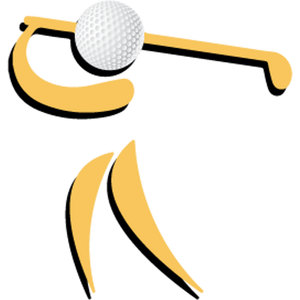 Broadlees Golf Course logo: A yellow stylised golfer at the top of a swing, drawn as thick curved strokes with black drop shadows and no facial features, swinging a yellow golf club past a white dimpled golf ball.
