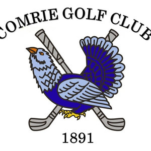 Comrie Golf Club logo: A blue and pale-blue game bird with a fanned upright tail, an orange beak and yellow feet, standing on two crossed grey golf clubs, with COMRIE GOLF CLUB arched above in black serif capitals and 1891 below.