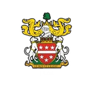 Ashburnham Golf Club logo: A red shield charged with six white stars and a white horizontal band, flanked by two white greyhounds wearing gold collars, below a white helmet with a small gold crown and a green tree crest, with gold scrollwork mantling on both sides and a gold ribbon beneath reading LE ROY ET L'ESTAT.
