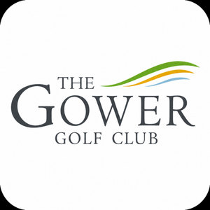 Gower Golf Club logo: The words THE GOWER GOLF CLUB in dark gray serif capitals, with three curved lines in green, orange and pale blue arcing above the word GOWER.