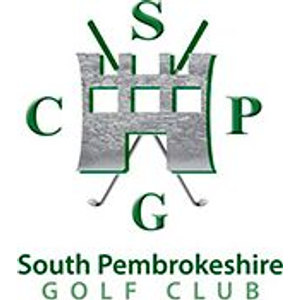 South Pembrokeshire Golf Club logo: A gray stone castle keep with three crenellations set between the green letters C, S, P and G, with two golf clubs crossing behind it, above the wordmark South Pembrokeshire in dark green with GOLF CLUB in pale green spaced capitals below.