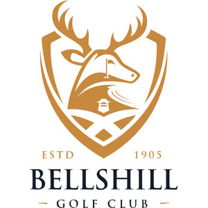 Bellshill Golf Club logo: A tan stag's head with antlers facing right inside a tan shield outline, with a golf flagstick on a fairway behind it and a bell above a saltire cross below, over ESTD 1905 in tan and the navy wordmark BELLSHILL GOLF CLUB.