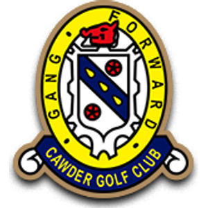 Cawder Golf Club logo: A gold-rimmed oval badge with a red animal's head at the top, enclosing a white shield crossed by a navy diagonal band bearing three yellow droplets with two red discs marked by white crosses beside it, ringed by a yellow band reading GANG FORWARD, above a navy ribbon reading CAWDER GOLF CLUB in yellow.